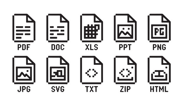 File type vector icons for common formats like pdf doc xls ppt png jpg svg txt zip html.