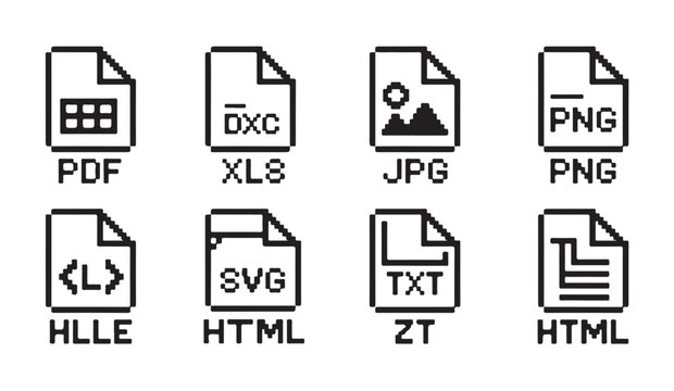 Pixelated file type icons for various formats including pdf xls jpg png hlle svg txt html.
