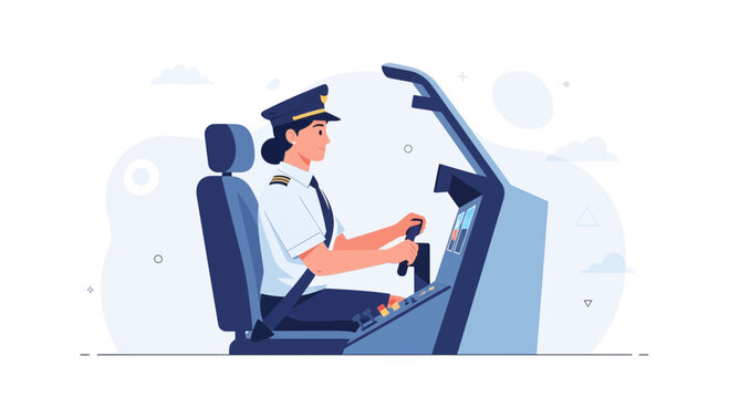 Female pilot in uniform in a flight simulator cockpit, illustration, concept of aviation, career, and technology