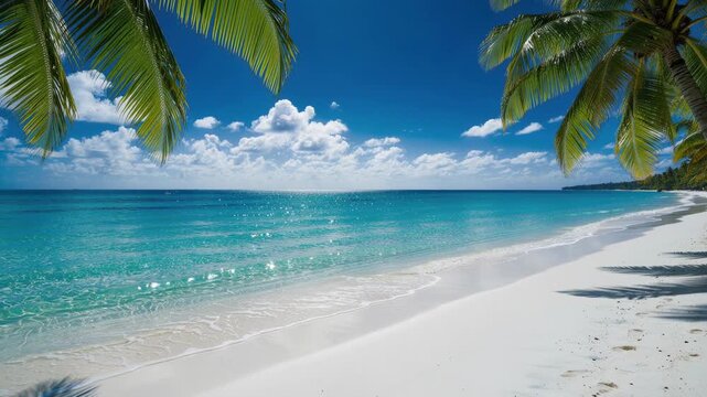 Serene tropical beach with crystal clear turquoise waters gently lapping the shore on a sunny day