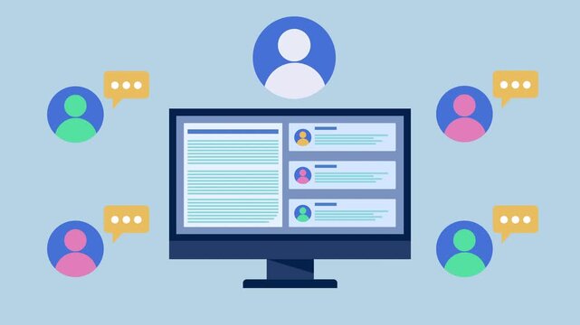Remote worker with computer screen concept 2d animation with alpha matte