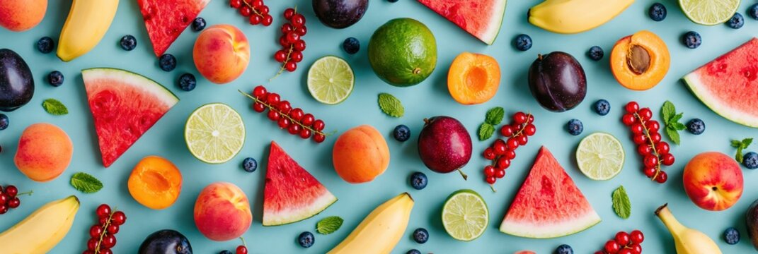Fruit pattern with fresh summer watermelon banana berry peach and plum background
