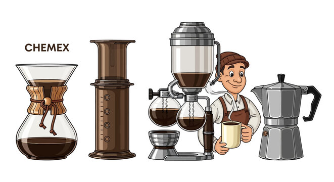 Collection of coffee brewing equipment, including Chemex, AeroPress, siphon, and moka pot, for a perfect brew