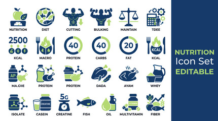 Fototapeta premium Nutrition Icon Set: Diet, Fitness, Health, Food, Workout, Muscle, Protein, Fat