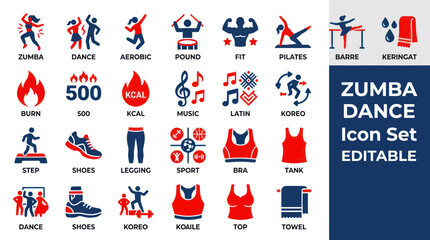 Fototapeta premium Zumba Dance Fitness Icon Set - Cardio Workout, Aerobics, Pilates, Sport Symbols