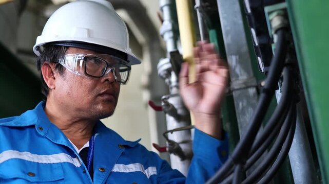 Mandatory use of a safety helmet and eye protection inside industrial facilities represents safety-first principles, occupational health, engineering standards, and effective personal protection again