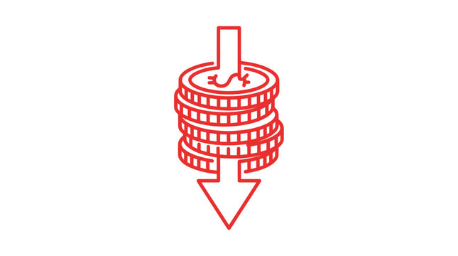 Red Coin Stack Icon with Downward Arrow, Financial Loss Concept