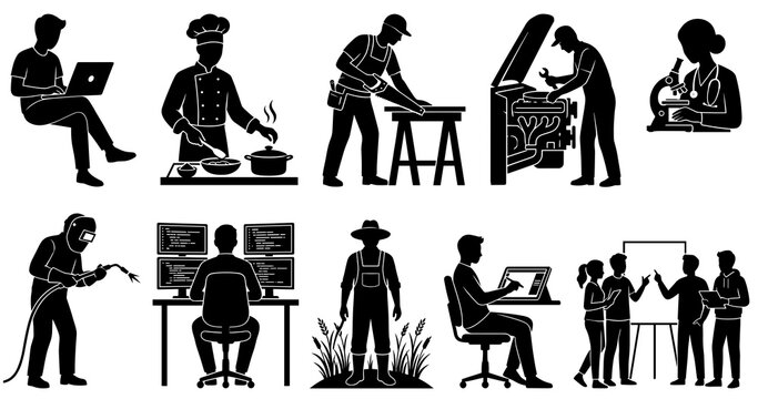 Black silhouette world youth skill day vector set of diverse professions. Young people learning programming, cooking, carpentry, welding, farming and digital art isolated on white.