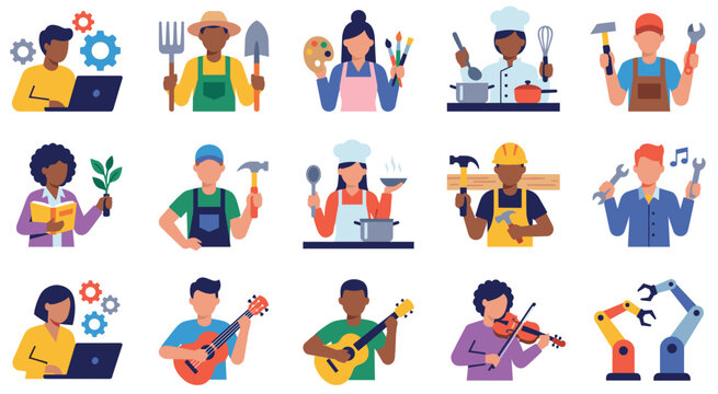 Flat world youth skill day vector icons. Diverse young people avatars representing professions like IT programmer, farmer, artist, chef, mechanic, musician and builder.