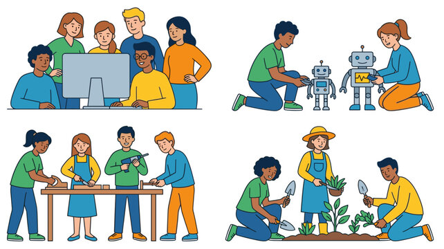 Flat world youth skill day vector illustration set. Diverse teenagers working in team for computer coding, building robot, woodwork carpentry and planting agriculture.