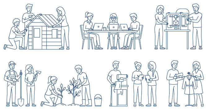 Outline world youth skill day vector collection. Line art illustration of teenagers learning carpentry, computer programming, 3D printing, gardening and sewing clothes.