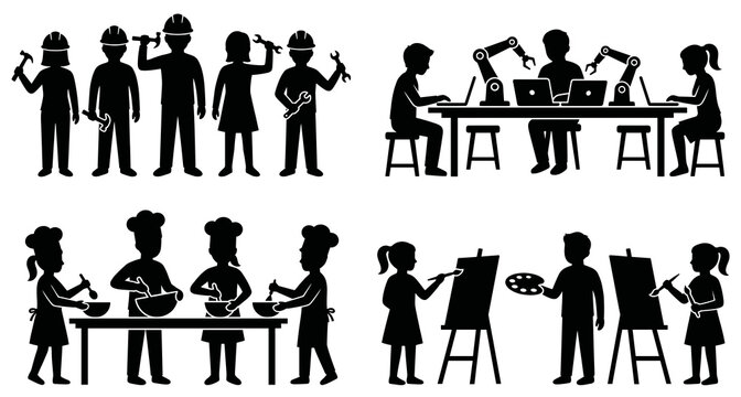 Black silhouette world youth skill day vector set. Children and teenagers learning construction, robotics coding, cooking and painting art isolated on white background.