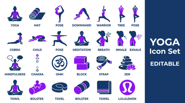 Yoga Icon Set - Diverse Poses, Equipment & Symbols for Wellness and Health