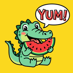 Fototapeta premium Cartoon alligator eating watermelon, yum!
