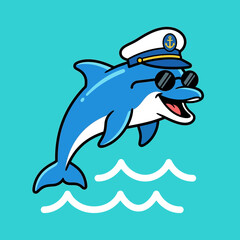 Naklejka premium Cartoon dolphin wearing captain's hat and sunglasses, jumping from water