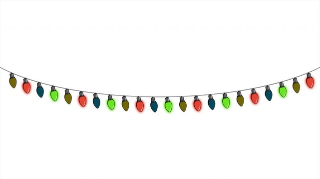 Bulbs on a string animation. Hanging light bulbs. Colorful light bulbs for decoration. Lights garland. Lights string decoration. 4K animation