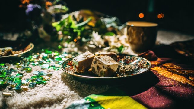 jalebi. Golden jalebi and white barfi on festive plate, edible confetti, chai cup, Pakistani sweets celebration concept for Independence Day. event programs.
