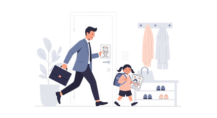 Fototapeta premium Father and daughter leaving home for school and work, morning rush