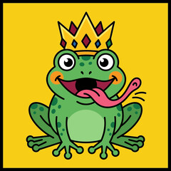 Fototapeta premium Funny cartoon king frog with crown and long tongue on yellow background