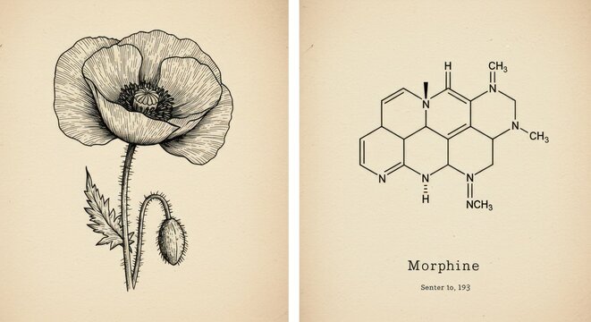 A detailed illustration of a poppy flower alongside its chemical structure diagram of morphine.