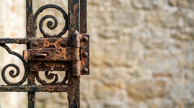 Ornate rusted wrought iron gate latch against stone wall