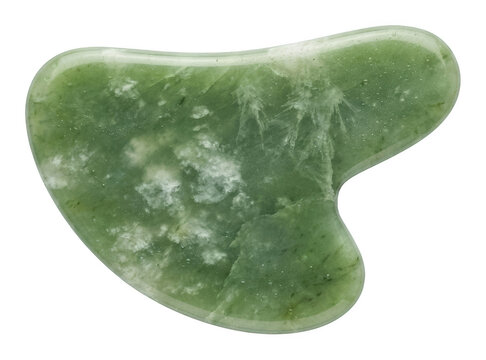 Polished green jadeite gua sha tool with natural white mineral inclusions and smooth edges for facial massage and skincare treatments isolated transparent background image