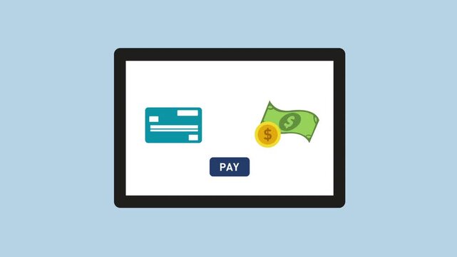 Tablet app processing online payment with cash money concept 2d animation with alpha matte
