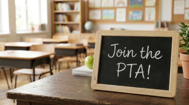Classroom chalkboard with join the pta message on desk