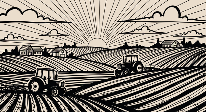 Two tractors working in a field at sunrise, agricultural scene.