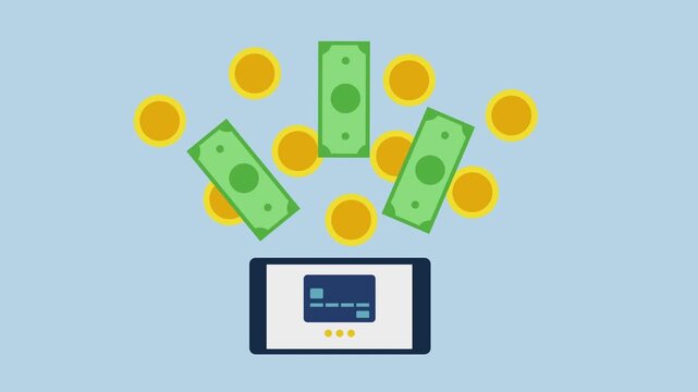 Mobile app processing online payment with cash money concept 2d animation with alpha matte