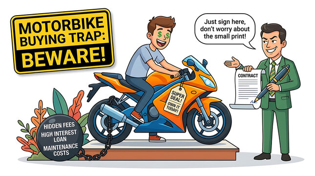 Man buying motorbike with salesman warning about hidden fees