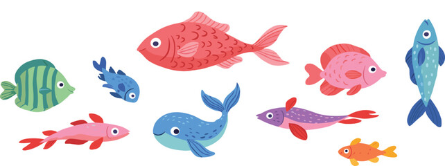 Fototapeta premium Cute Marine Animal and Ocean Fish Cartoon Illustration Collection Set