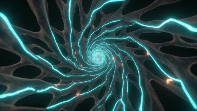 Vertical futuristic tunnel of glowing biological network and energy sound waves