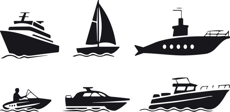 Six different types of boats and yachts illustration vector set