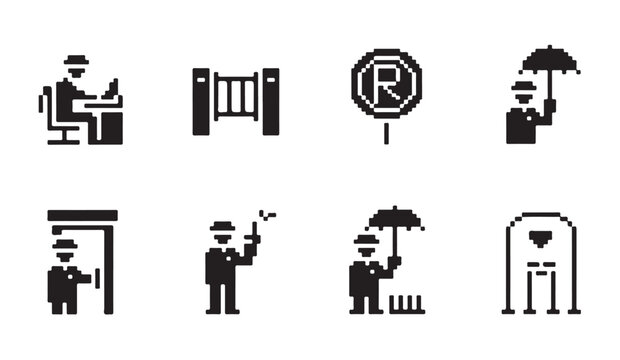 Pixel art set depicting businessman character and security related concepts in dark style.
