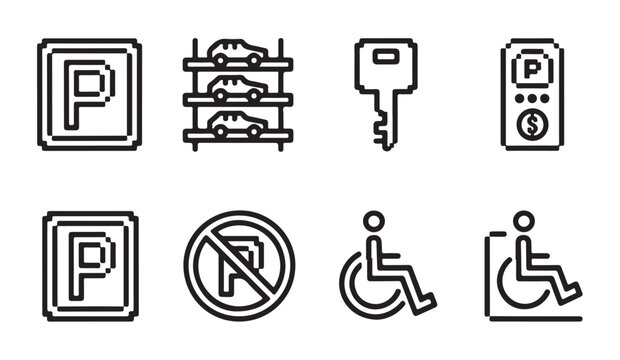 Parking signs and icons including disabled access parking meter and no parking symbol vector.
