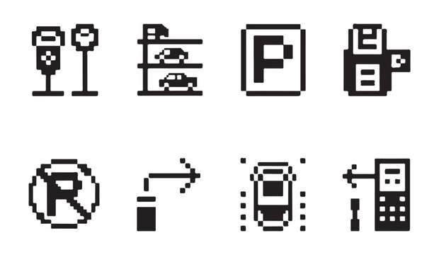 Pixel art parking signs set includes meter garage square permit prohibited and car sensors.