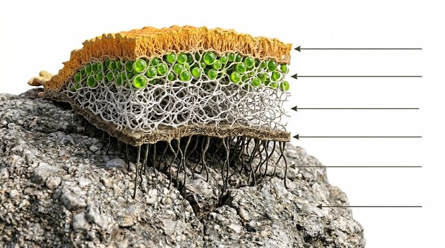 Precise 3D cross section infographic of lichen anatomy layer structure on rock with pointe, in a white background