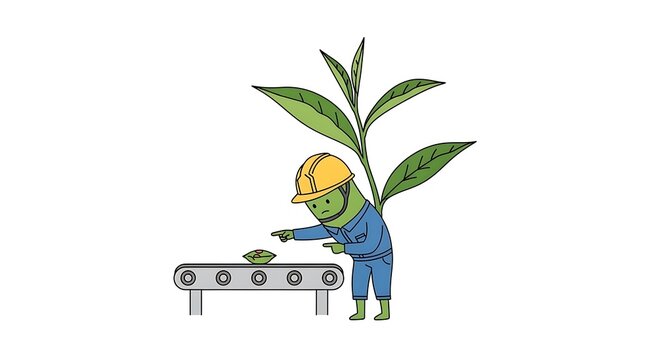 Farmer in blue overalls tending to a small plant.