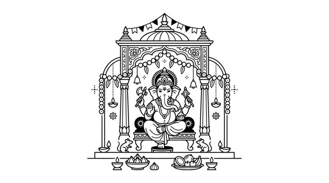 Line Art Illustration of Lord Ganesha in Decorative Temple