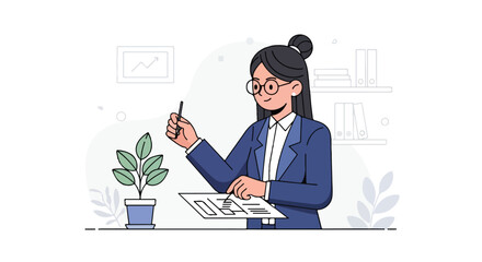 A professional businesswoman wearing glasses and a blue suit stands at her desk, analyzing documents with a pen in a modern office setting. © Samsul
