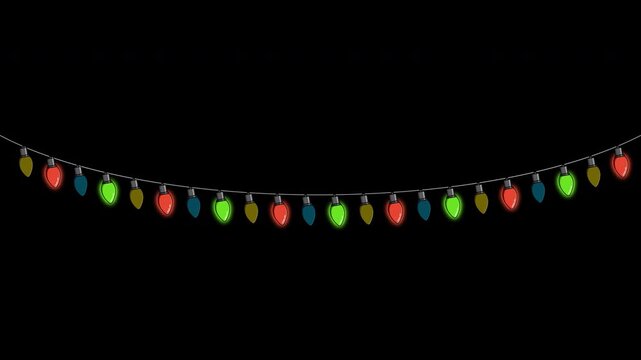 Bulbs on a string animation. Hanging light bulbs. Colorful light bulbs for decoration. Lights garland. Lights string decoration. 4K animation. Transparent background with alpha channel