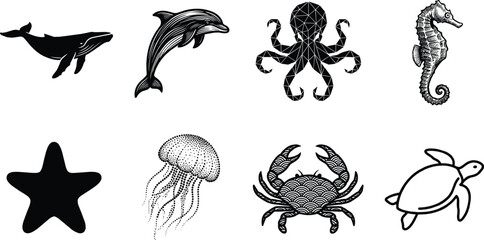 Obraz premium Marine Animals Icon Set with Whale Dolphin Octopus Seahorse Starfish Jellyfish Crab