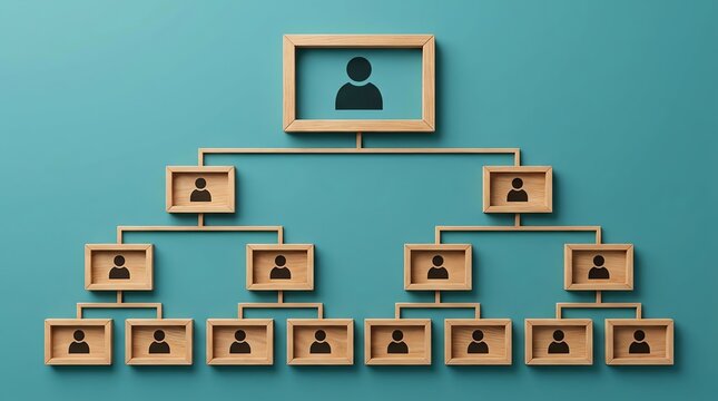 3D Isometric Organizational Chart with Wooden Frames Representing Corporate Hierarchy and Team Management Structure on Blue Background