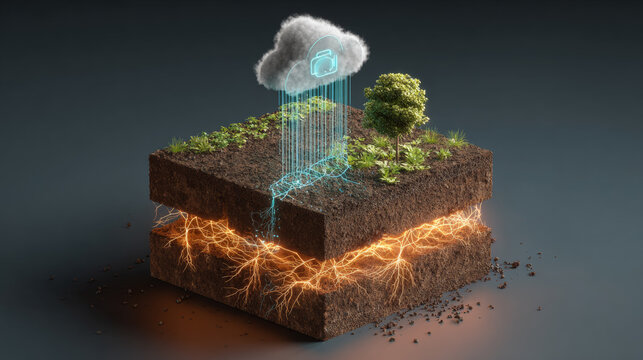 Cloud data stream irrigating soil, nourishing plants with glowing root systems, a concept of smart agriculture.