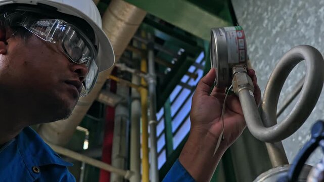 Experienced engineer monitoring pipeline pressure through an analog pressure gauge in a petrochemical facility, representing industrial maintenance, engineering inspection, process control, and operat