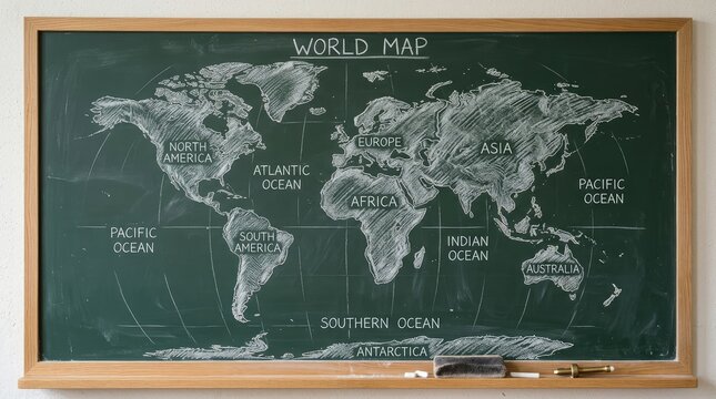 Detailed world map sketched with white chalk on a green classroom blackboard with wooden frame