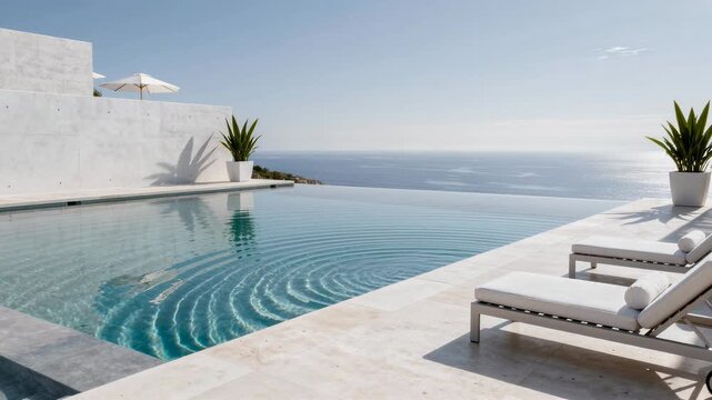Serene infinity pool with gentle ripples surrounded by white lounge chairs for relaxing outdoor luxury