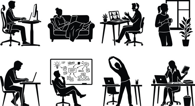 Remote work silhouettes set showing people working from home video conference stretching and freelancing icons