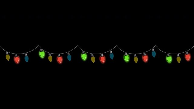 Bulbs on a string animation. Hanging light bulbs. Colorful light bulbs for decoration. Lights garland. Lights string decoration. 4K animation. Transparent background with alpha channel